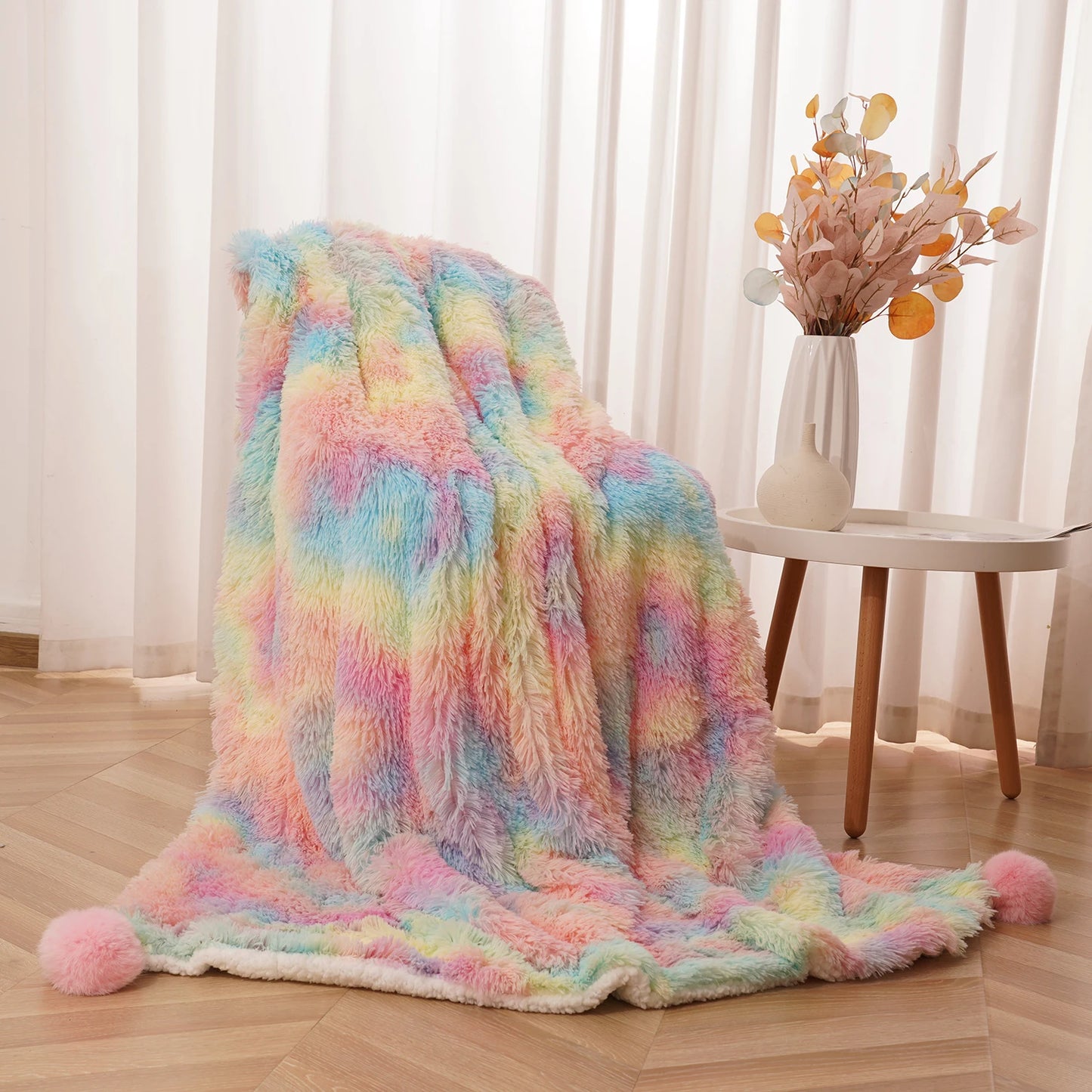 Soft Rainbow Fluffy plush blanket Bedspread bed.