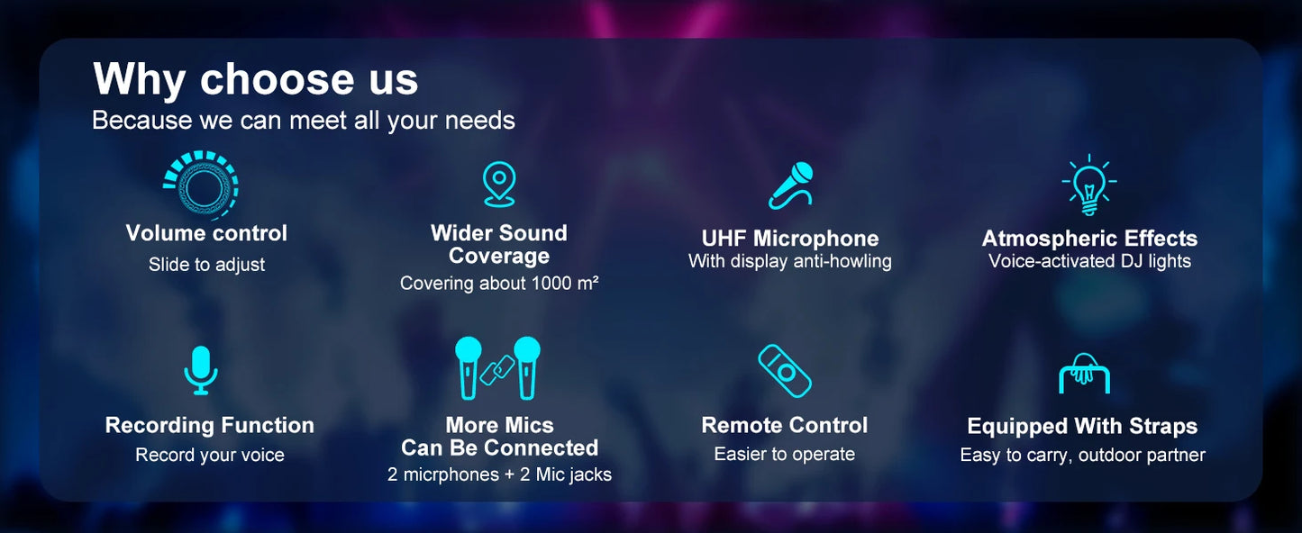Portable Wireless Bluetooth Karaoke Speaker with 2 Microphones, RGB Lights & Deep Bass Sound System