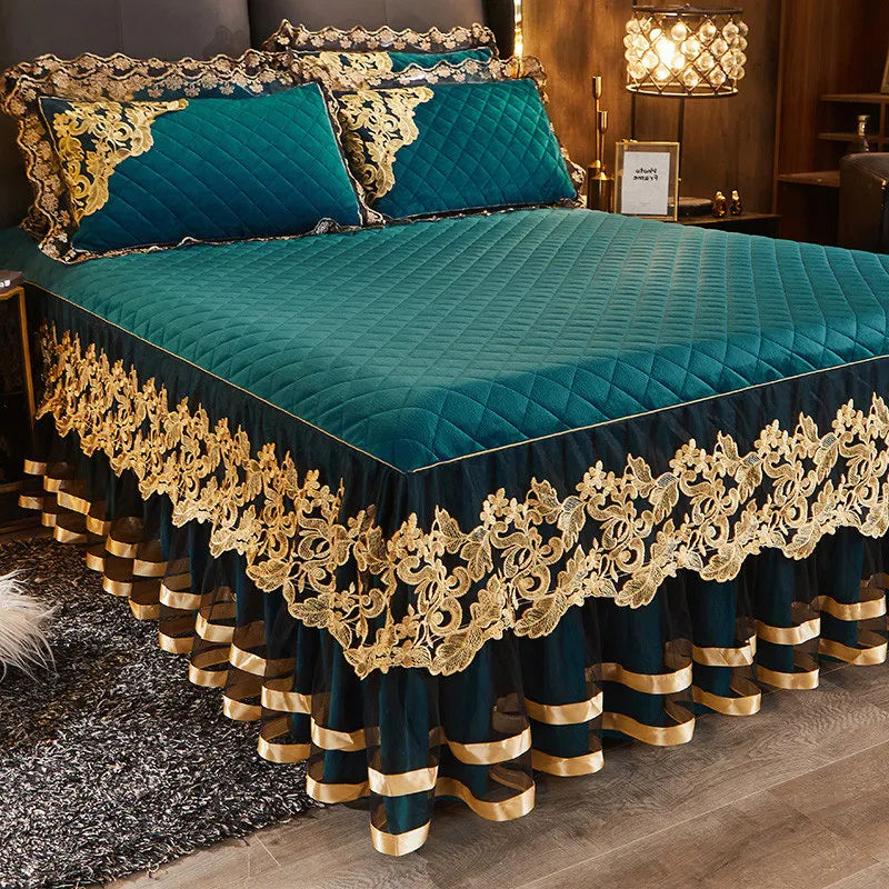 Luxury Gold Embroidered Velvet Quilted Bedspread Set