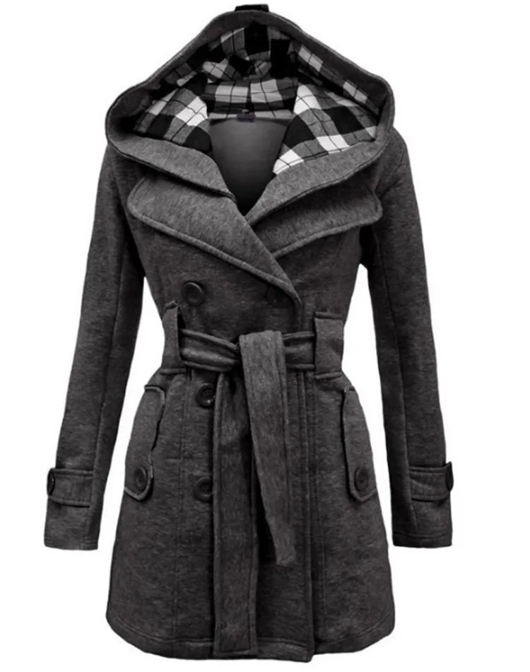 Women's Long Fleece-Lined Hooded Coat. Belted Winter Jacket with Faux Fur Trim
