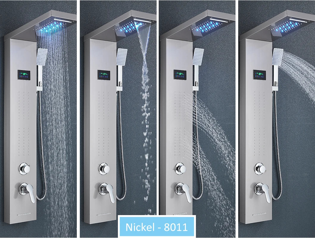 LED Shower Panel Tower System Rain Waterfall Shower Column Hydroelectricity LCD Display With Massage Body Spa Bath Shower Faucet