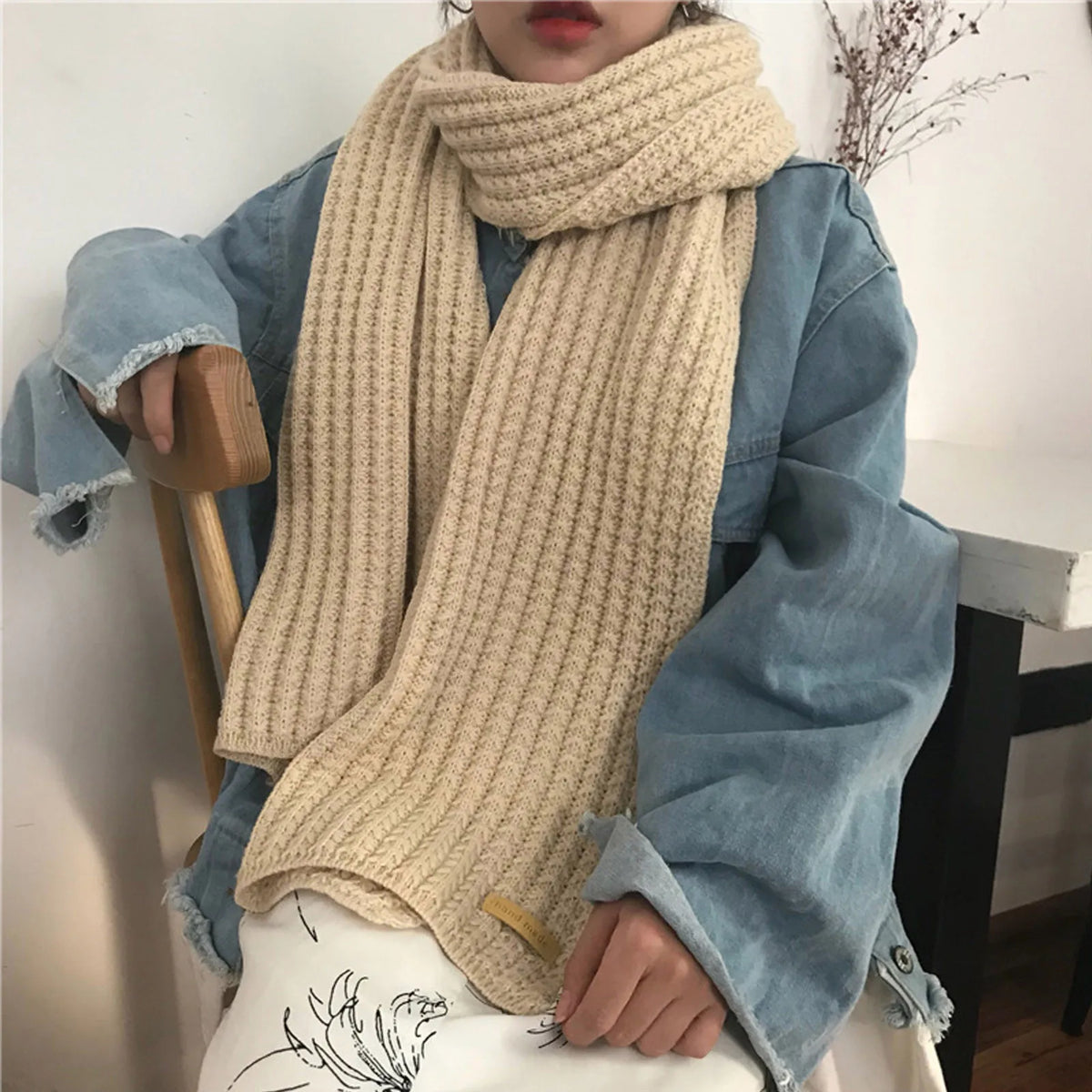 Women’s Knitted Winter Scarf – Warm Ribbed Long Wrap with Fringe