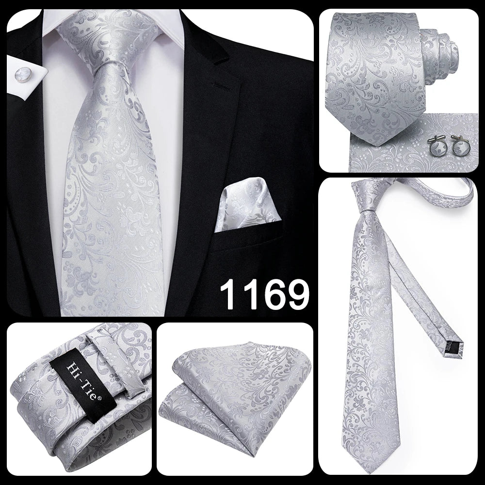 Hi-Tie Luxury Silver Men’s Necktie Set with Pocket Square & Cufflinks | Wedding, Business & Formal Events
