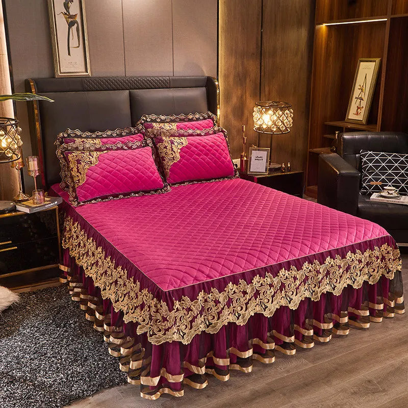 Luxury Gold Embroidered Velvet Quilted Bedspread Set