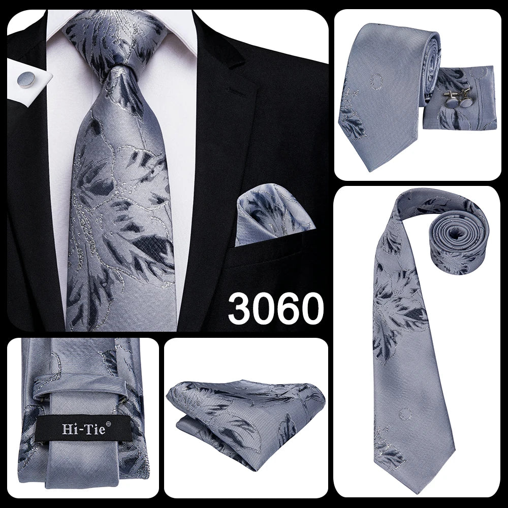 Hi-Tie Luxury Silver Men’s Necktie Set with Pocket Square & Cufflinks | Wedding, Business & Formal Events