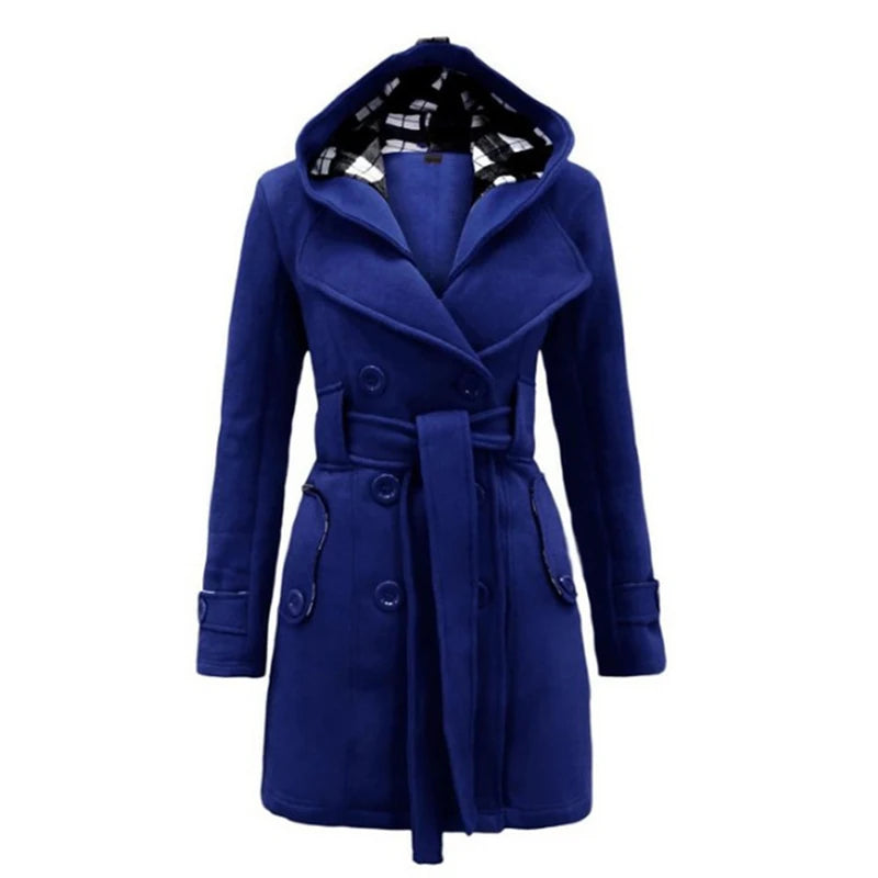 Women's Long Fleece-Lined Hooded Coat. Belted Winter Jacket with Faux Fur Trim