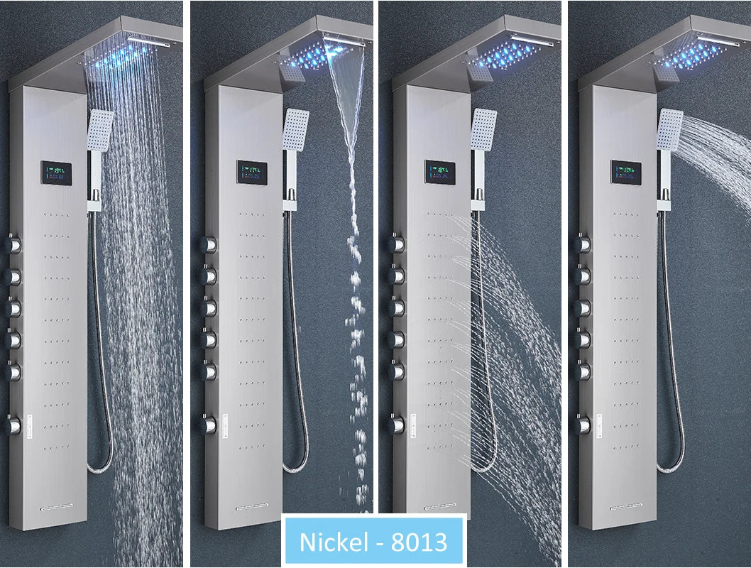 LED Shower Panel Tower System Rain Waterfall Shower Column Hydroelectricity LCD Display With Massage Body Spa Bath Shower Faucet