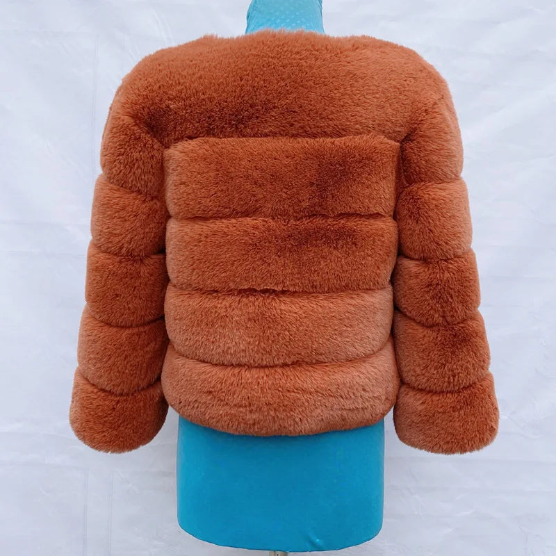 Women's Faux Fur Jacket . Plush Cropped Winter Coat with High Collar