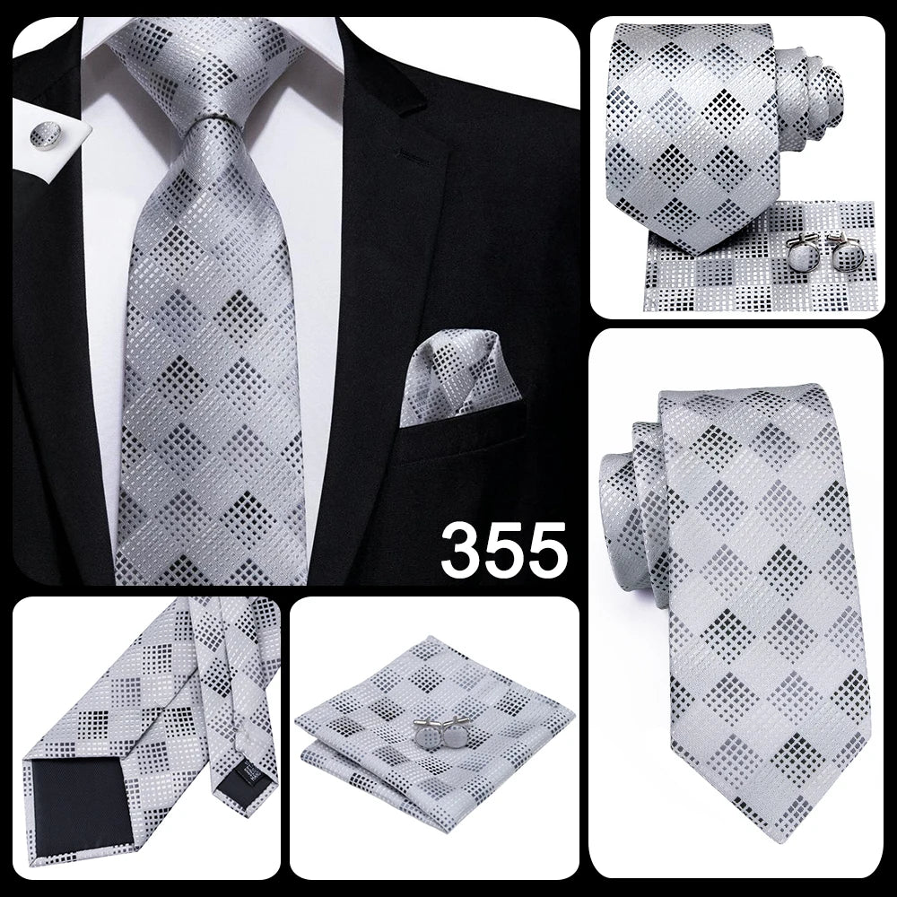 Hi-Tie Luxury Silver Men’s Necktie Set with Pocket Square & Cufflinks | Wedding, Business & Formal Events