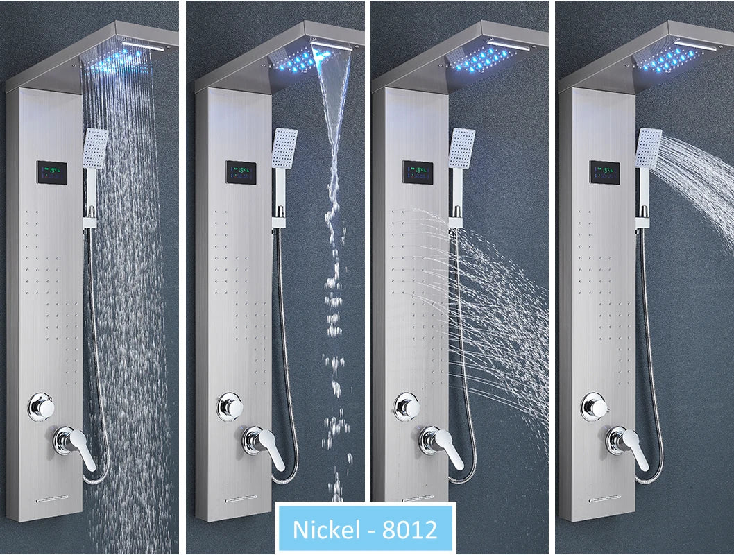LED Shower Panel Tower System Rain Waterfall Shower Column Hydroelectricity LCD Display With Massage Body Spa Bath Shower Faucet