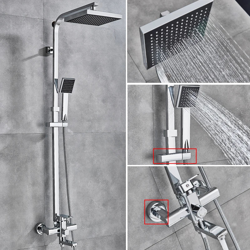 Matte Black Bathroom Shower Faucet Wall Mounted 8" Shower Set Square Rainfall Hot Cold Water Bath Spout