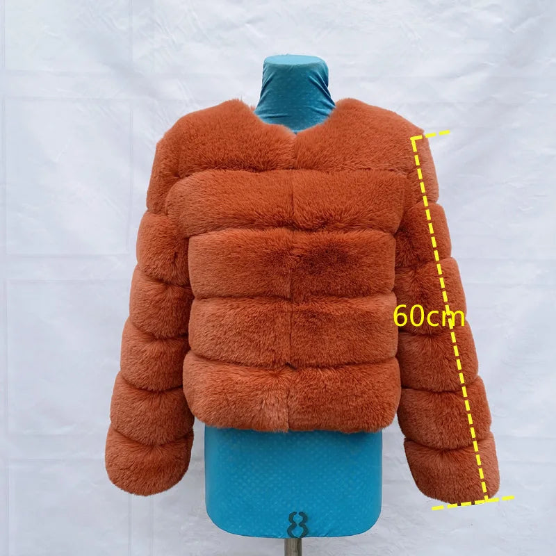 Women's Faux Fur Jacket . Plush Cropped Winter Coat with High Collar