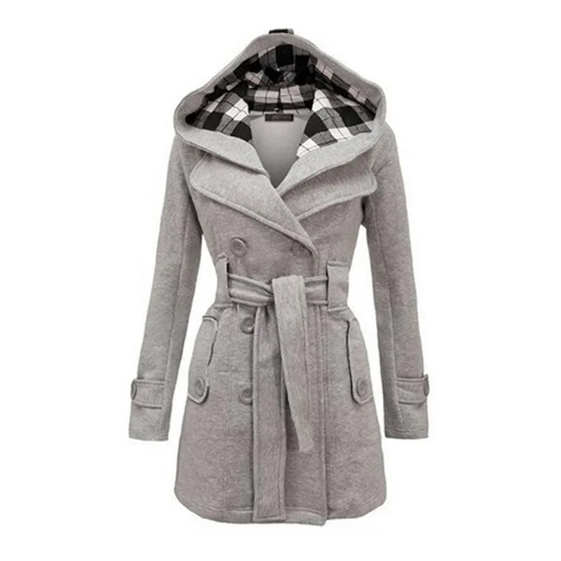 Women's Long Fleece-Lined Hooded Coat. Belted Winter Jacket with Faux Fur Trim