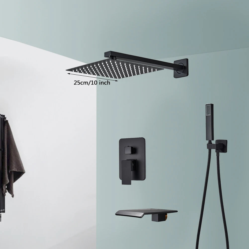 Black Wall Mounted Rainfall Shower System Concealed Mixer