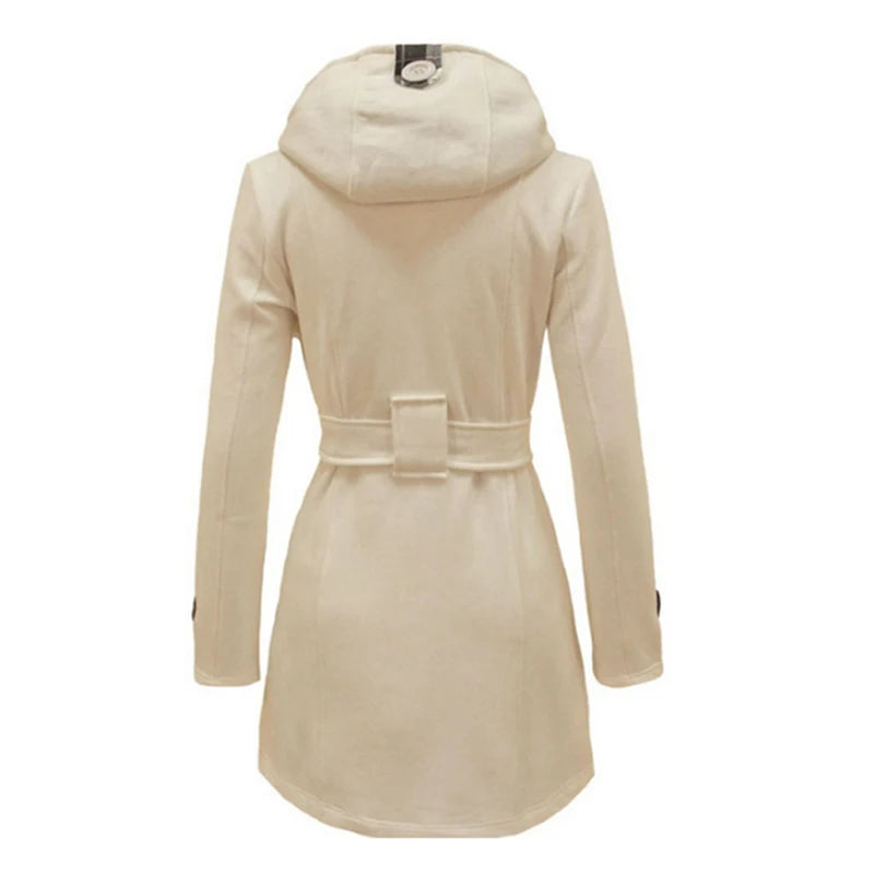 Women's Long Fleece-Lined Hooded Coat. Belted Winter Jacket with Faux Fur Trim