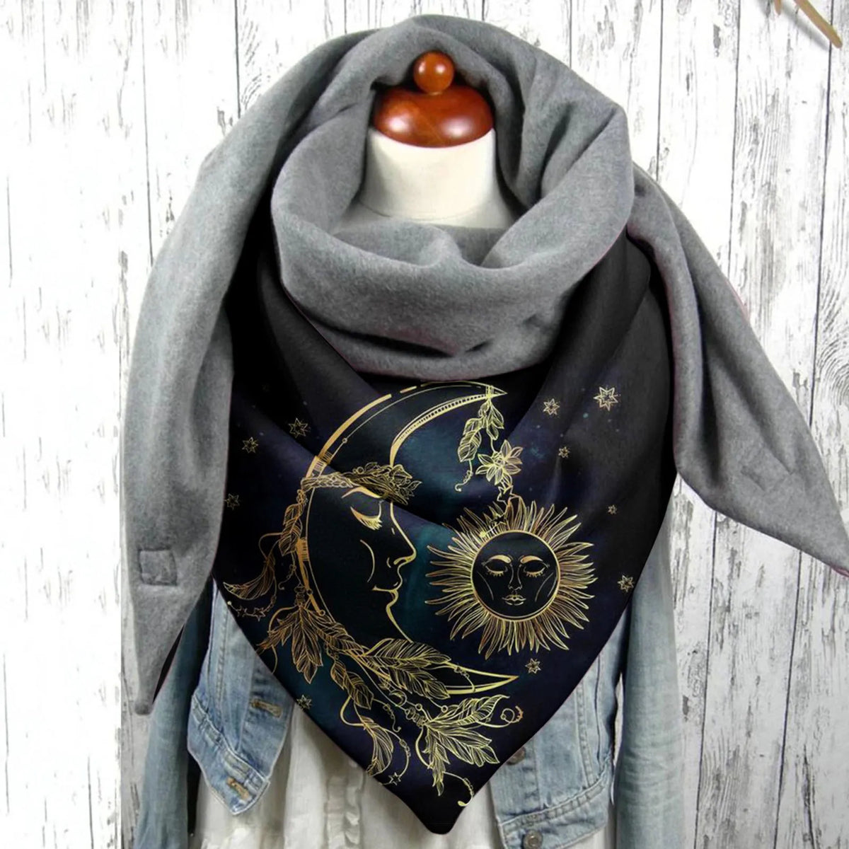 Women’s Gothic Sun & Moon Print Winter Scarf – Warm Oversized Shawl Wrap