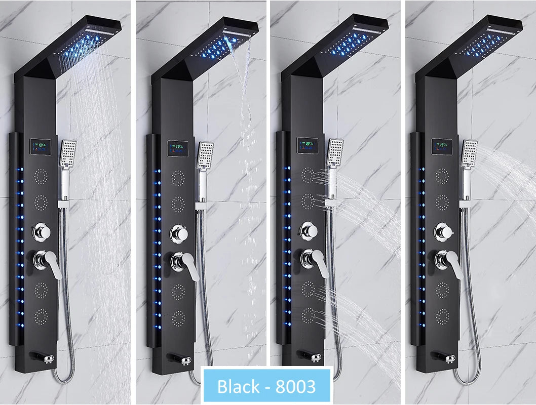 LED Shower Panel Tower System Rain Waterfall Shower Column Hydroelectricity LCD Display With Massage Body Spa Bath Shower Faucet
