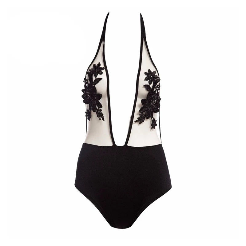 Women’s Rose Embroidered Mesh One-Piece Swimsuit