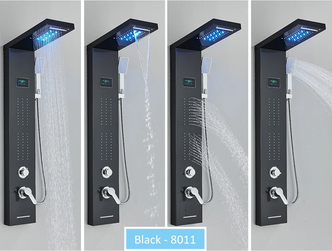 LED Shower Panel Tower System Rain Waterfall Shower Column Hydroelectricity LCD Display With Massage Body Spa Bath Shower Faucet