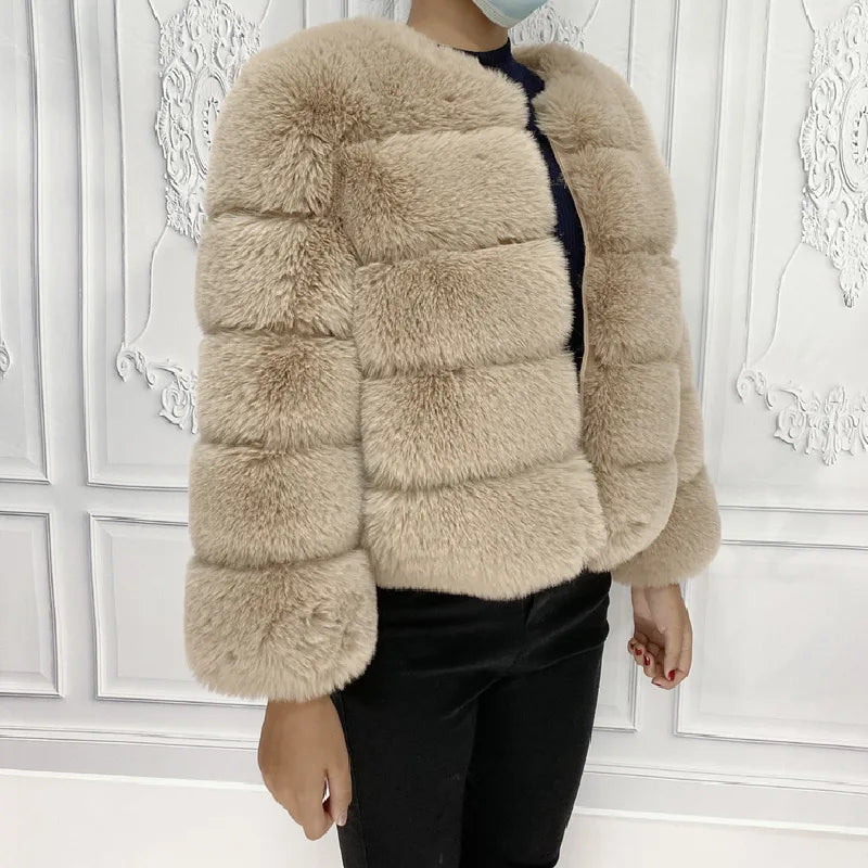 Women's Faux Fur Jacket . Plush Cropped Winter Coat with High Collar