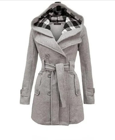 Women's Long Fleece-Lined Hooded Coat. Belted Winter Jacket with Faux Fur Trim