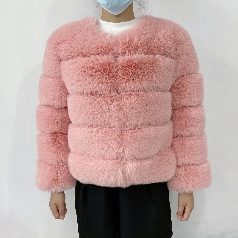 Women's Faux Fur Jacket . Plush Cropped Winter Coat with High Collar