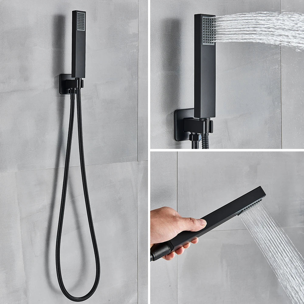 Black Wall Mounted Rainfall Shower System Concealed Mixer