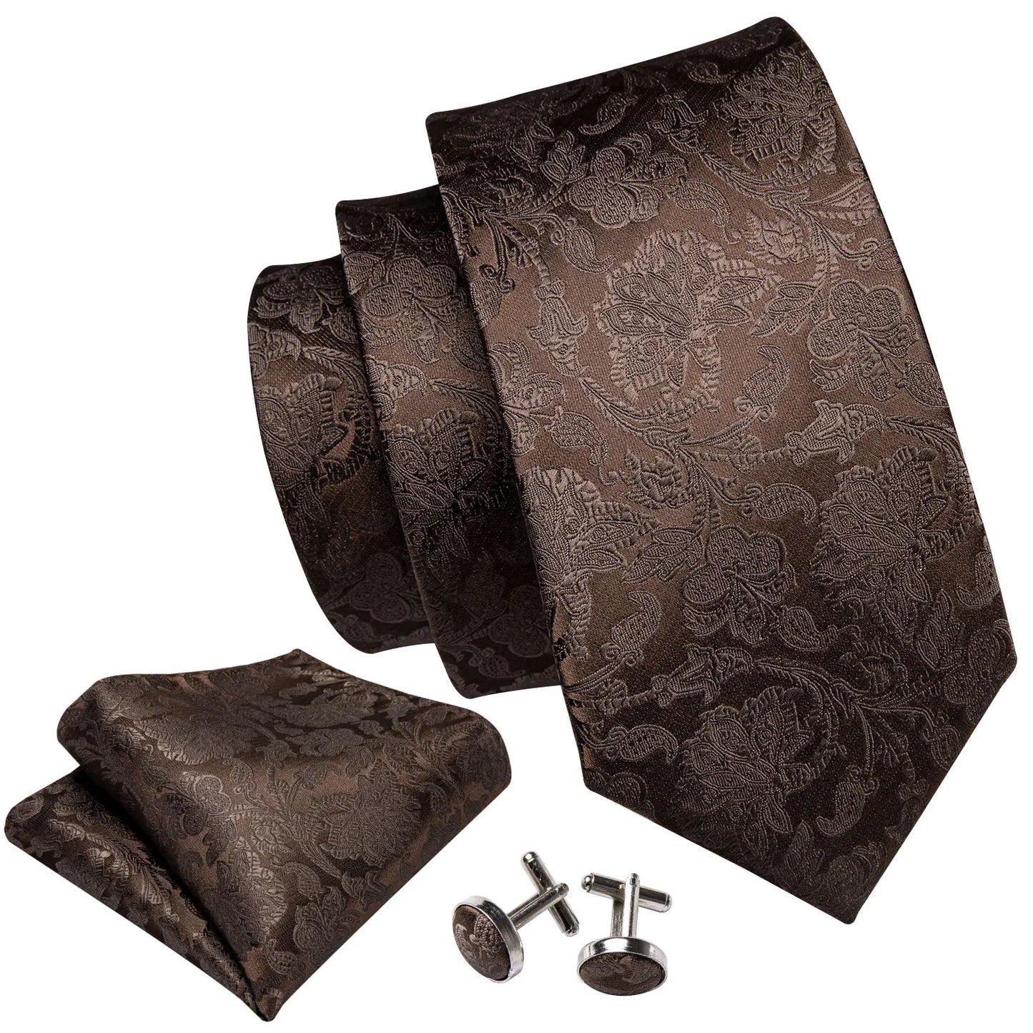Men’s Luxury Brown Floral Silk Necktie .Elegant Wedding, Business & Formal Dress Tie