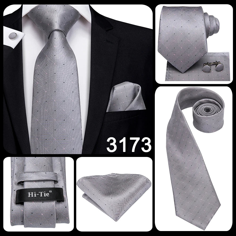 Hi-Tie Luxury Silver Men’s Necktie Set with Pocket Square & Cufflinks | Wedding, Business & Formal Events