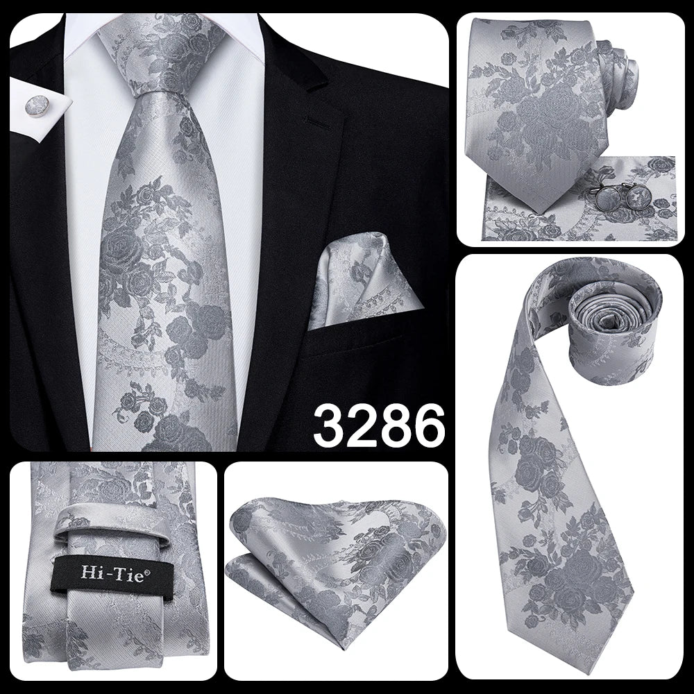 Hi-Tie Luxury Silver Men’s Necktie Set with Pocket Square & Cufflinks | Wedding, Business & Formal Events