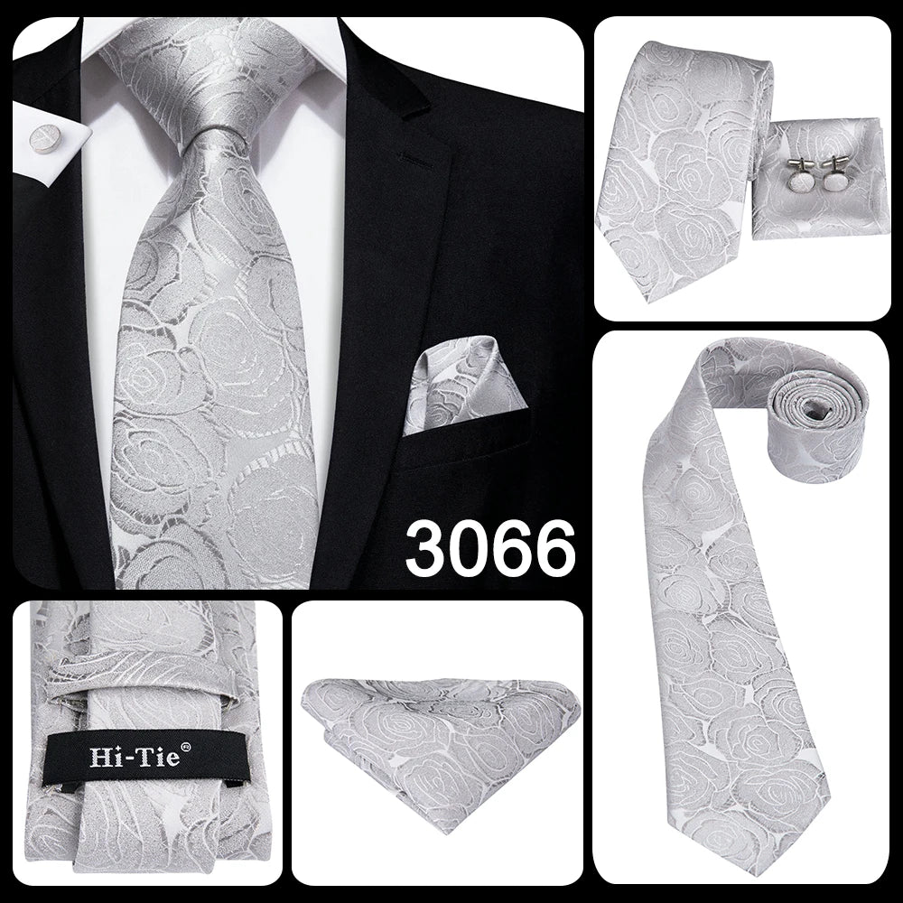 Hi-Tie Luxury Silver Men’s Necktie Set with Pocket Square & Cufflinks | Wedding, Business & Formal Events