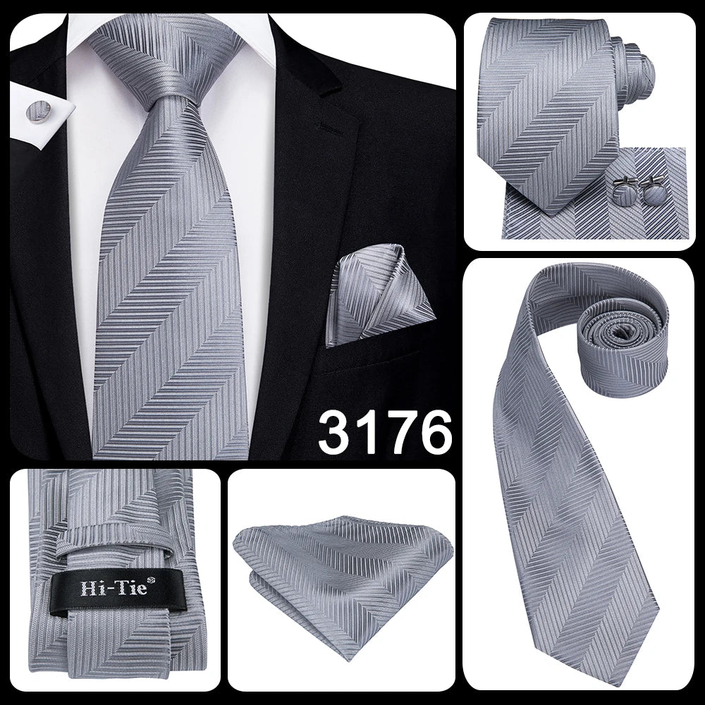 Hi-Tie Luxury Silver Men’s Necktie Set with Pocket Square & Cufflinks | Wedding, Business & Formal Events