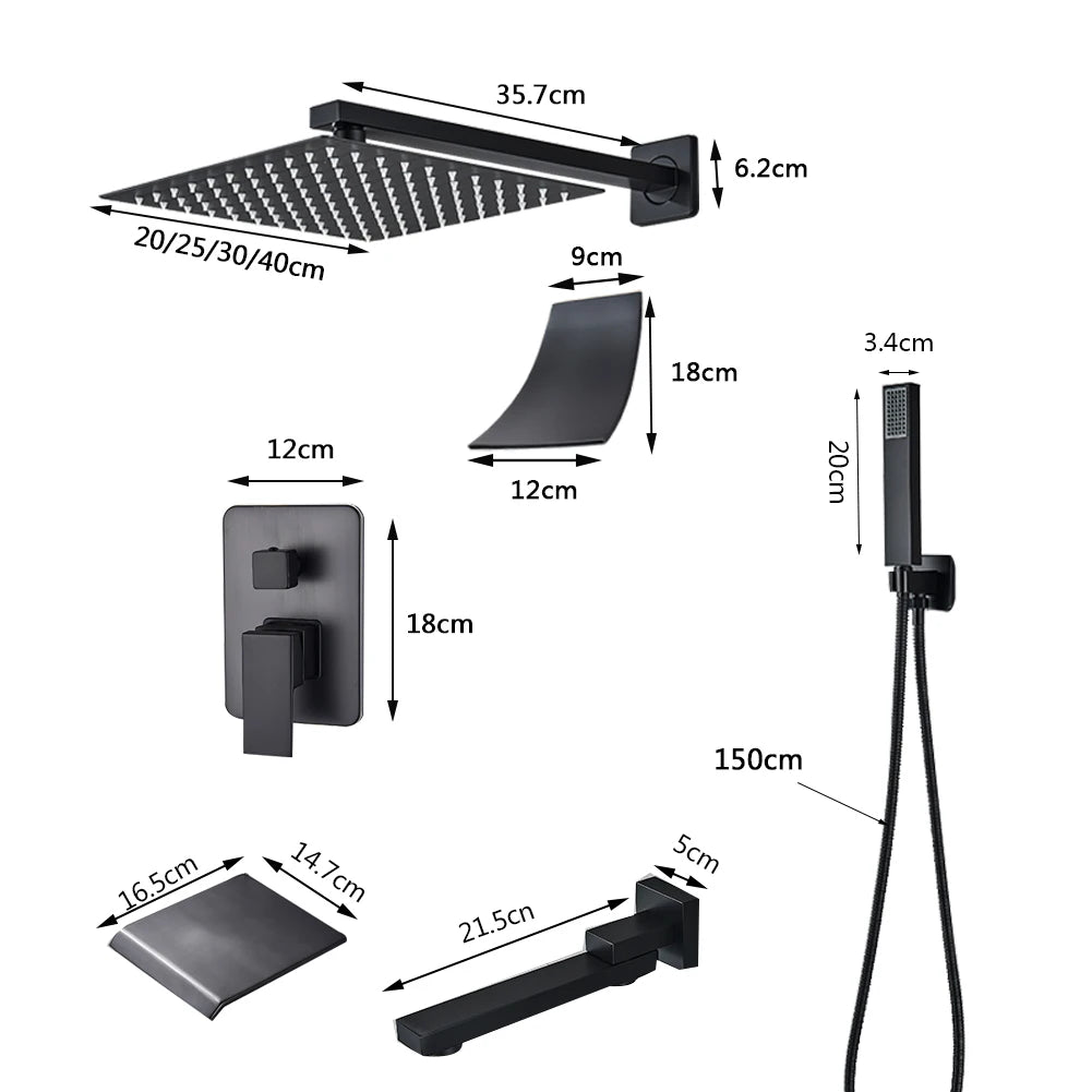 Black Wall Mounted Rainfall Shower Kit Concealed Box SUS304