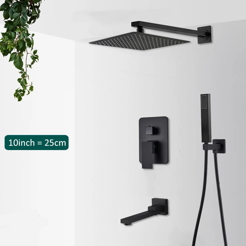 Black Concealed Shower System With Tub Spout In Wall Mount