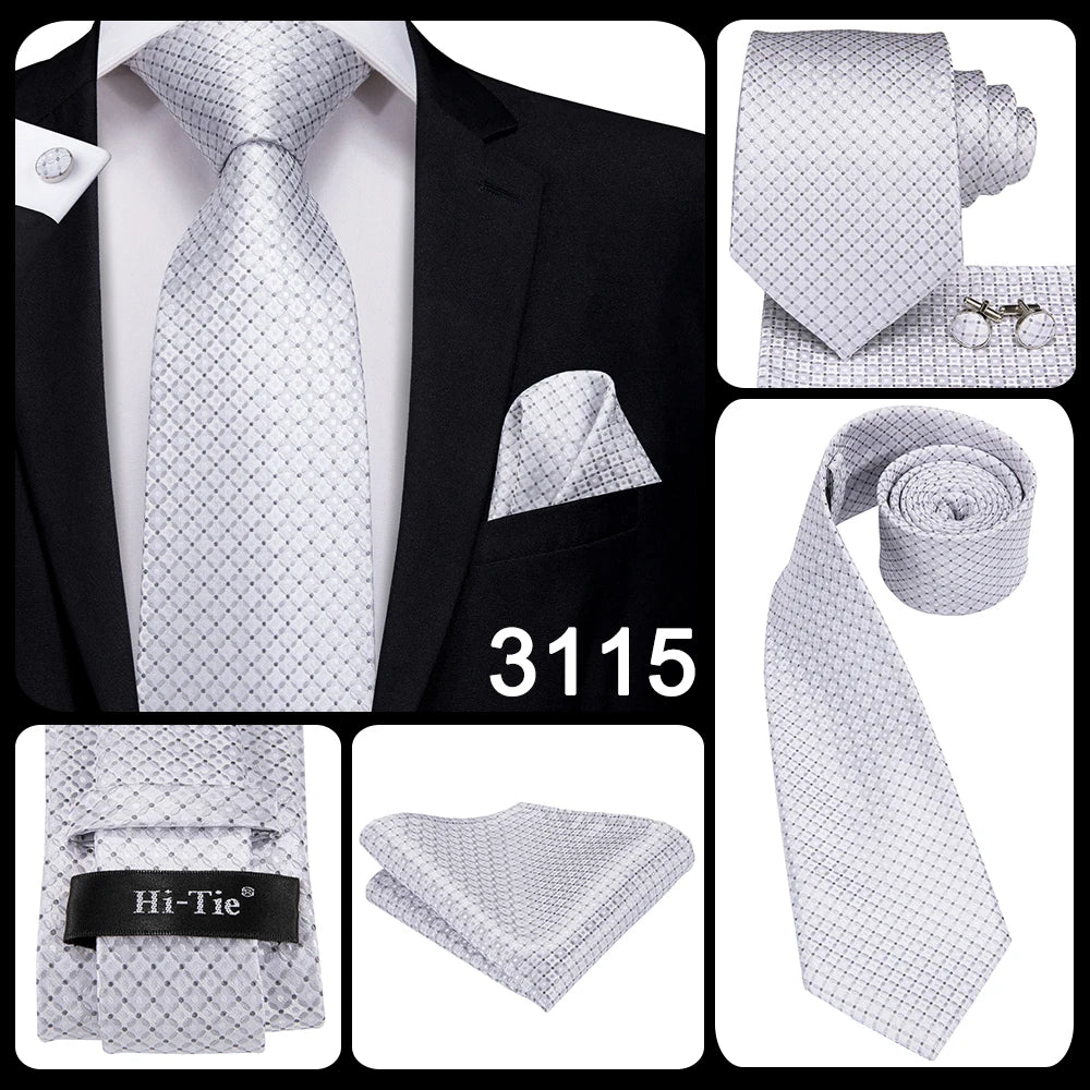 Hi-Tie Luxury Silver Men’s Necktie Set with Pocket Square & Cufflinks | Wedding, Business & Formal Events