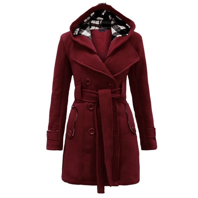 Women's Long Fleece-Lined Hooded Coat. Belted Winter Jacket with Faux Fur Trim