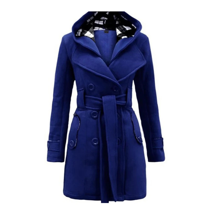 Women's Long Fleece-Lined Hooded Coat. Belted Winter Jacket with Faux Fur Trim