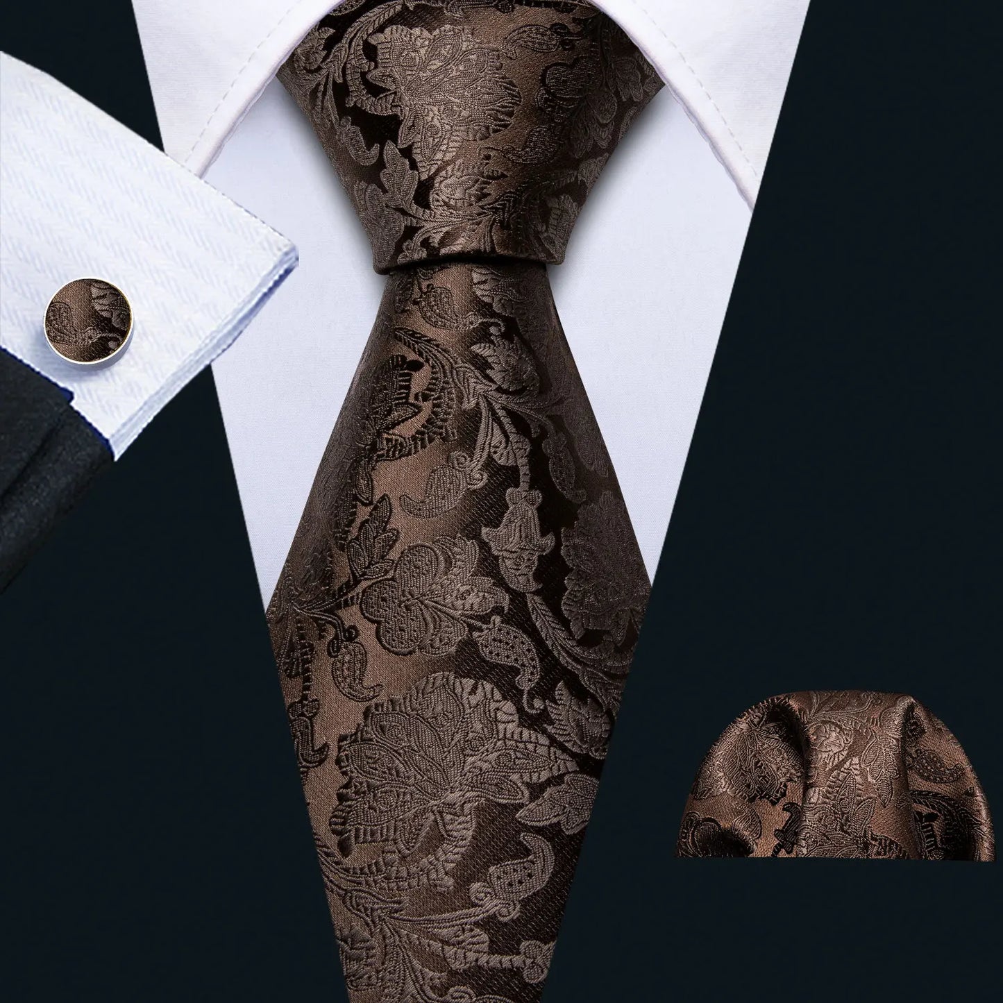 Men’s Luxury Brown Floral Silk Necktie .Elegant Wedding, Business & Formal Dress Tie