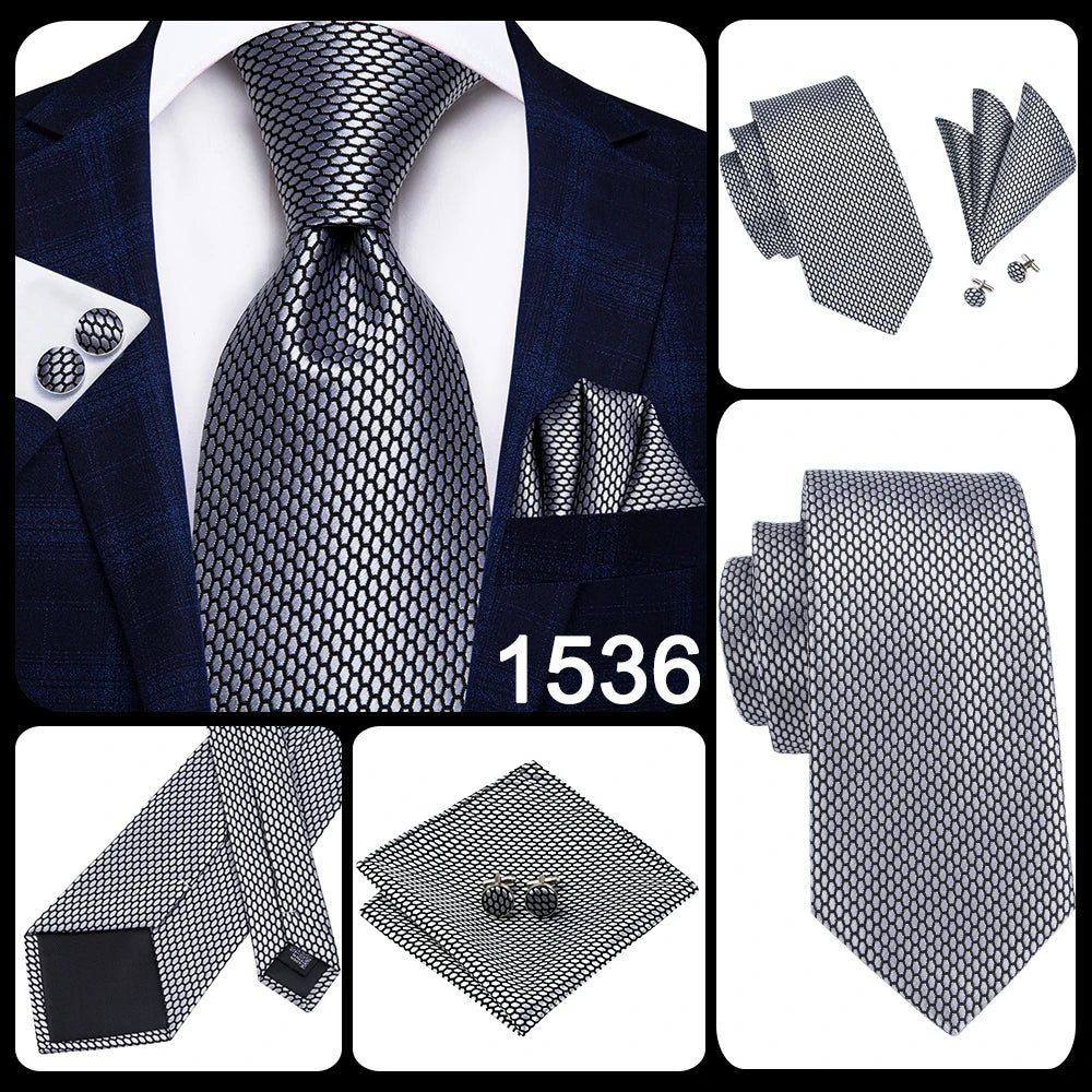 Hi-Tie Luxury Silver Men’s Necktie Set with Pocket Square & Cufflinks | Wedding, Business & Formal Events