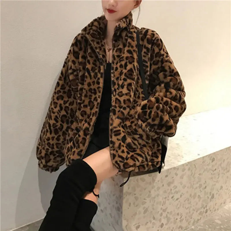 Women's Leopard Print Puffer Jacket – Warm Quilted Winter Coat with Stand Collar