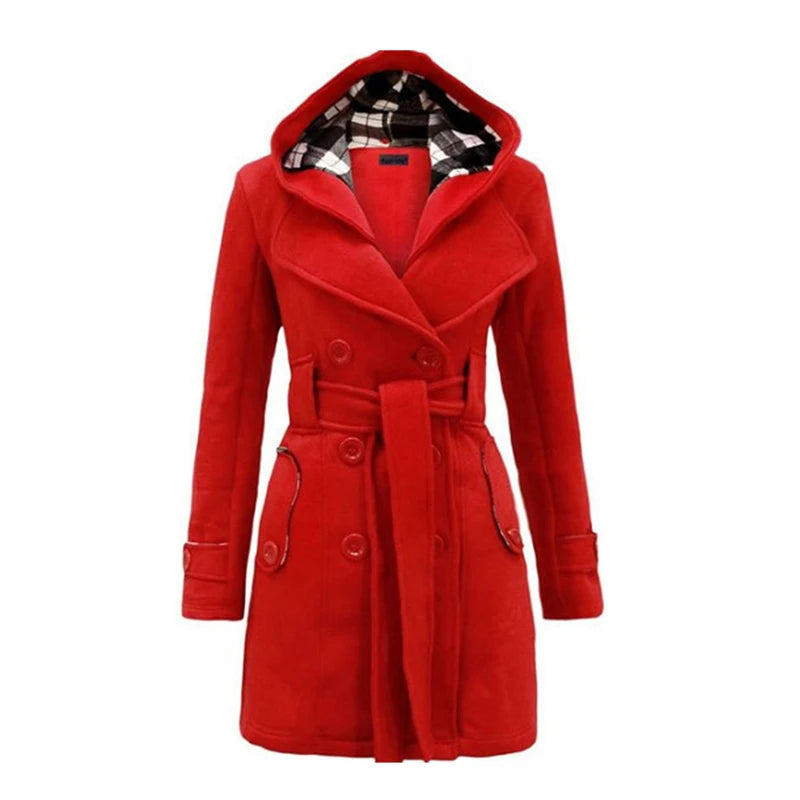 Women's Long Fleece-Lined Hooded Coat. Belted Winter Jacket with Faux Fur Trim