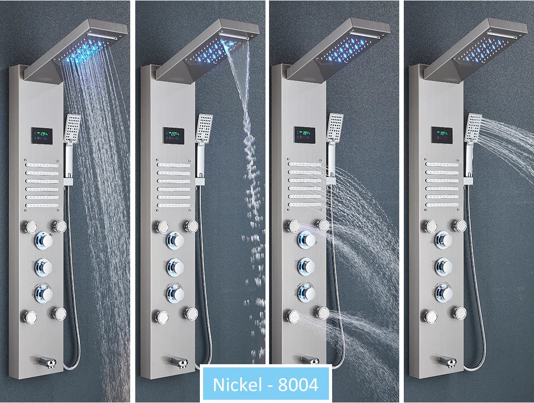 LED Shower Panel Tower System Rain Waterfall Shower Column Hydroelectricity LCD Display With Massage Body Spa Bath Shower Faucet