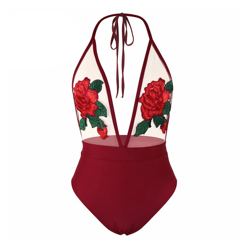 Women’s Rose Embroidered Mesh One-Piece Swimsuit