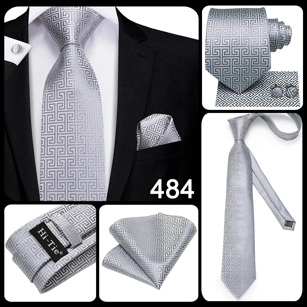 Hi-Tie Luxury Silver Men’s Necktie Set with Pocket Square & Cufflinks | Wedding, Business & Formal Events