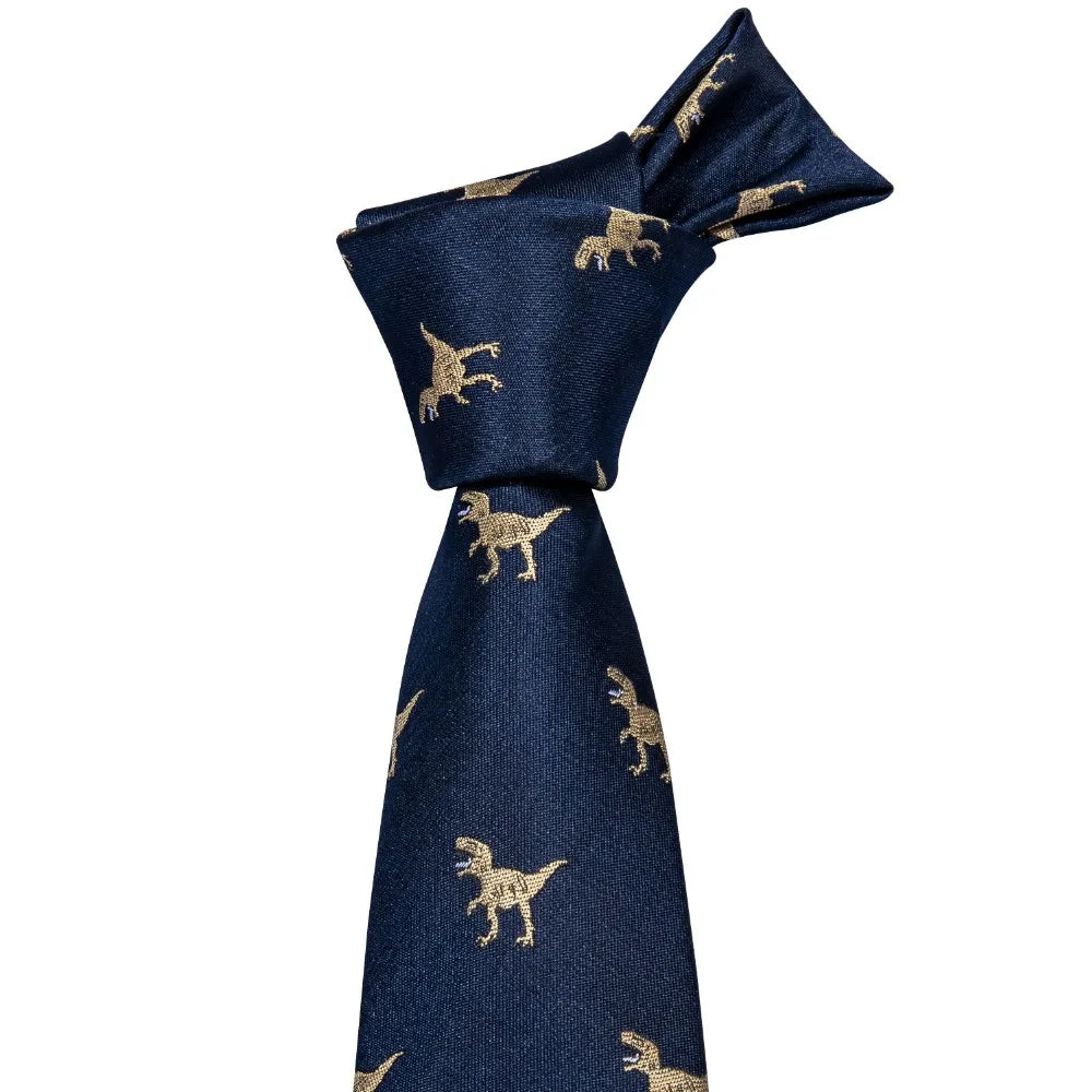 Men’s Luxury Dinosaur Necktie Set . Navy Blue Silk Tie, Pocket Square & Cufflinks for Business, Weddings & Special Events