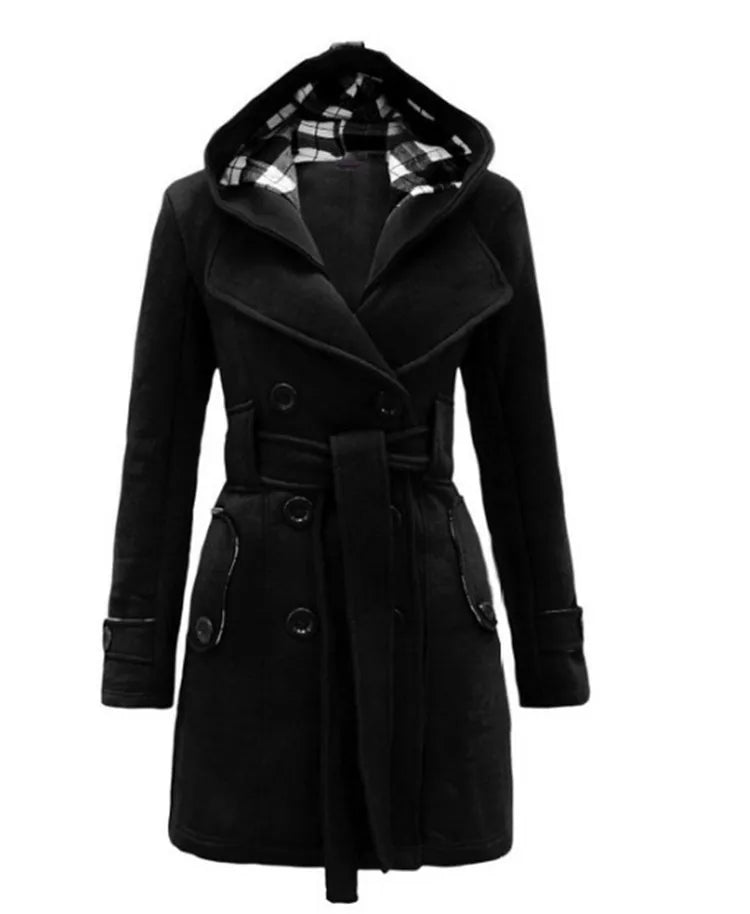 Women's Long Fleece-Lined Hooded Coat. Belted Winter Jacket with Faux Fur Trim
