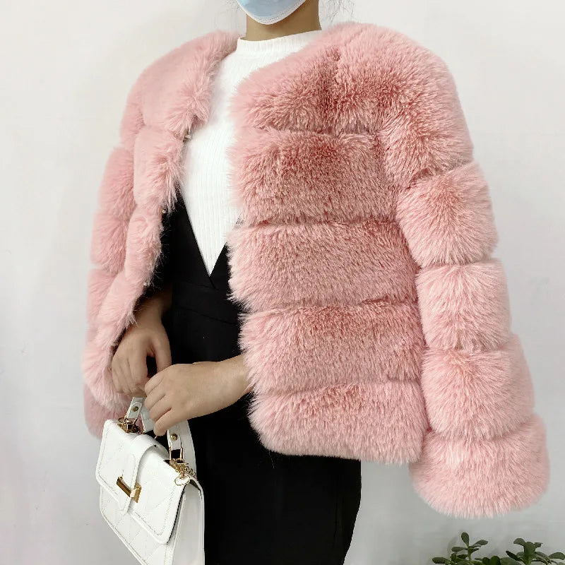 Women's Faux Fur Jacket . Plush Cropped Winter Coat with High Collar