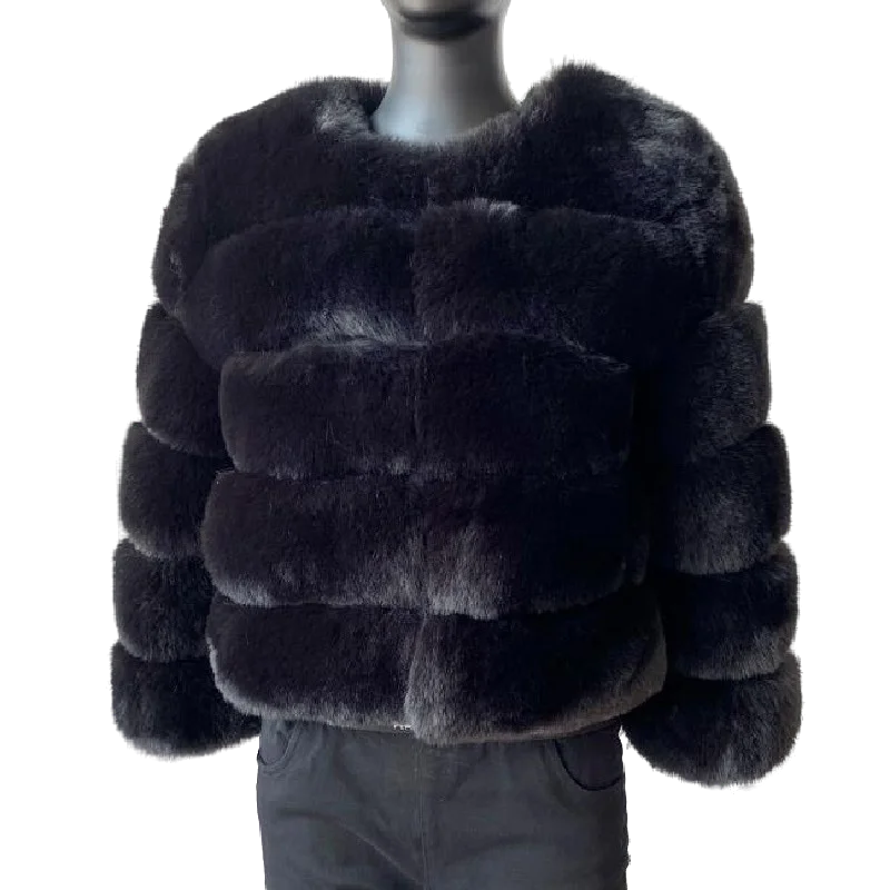 Women's Faux Fur Jacket . Plush Cropped Winter Coat with High Collar