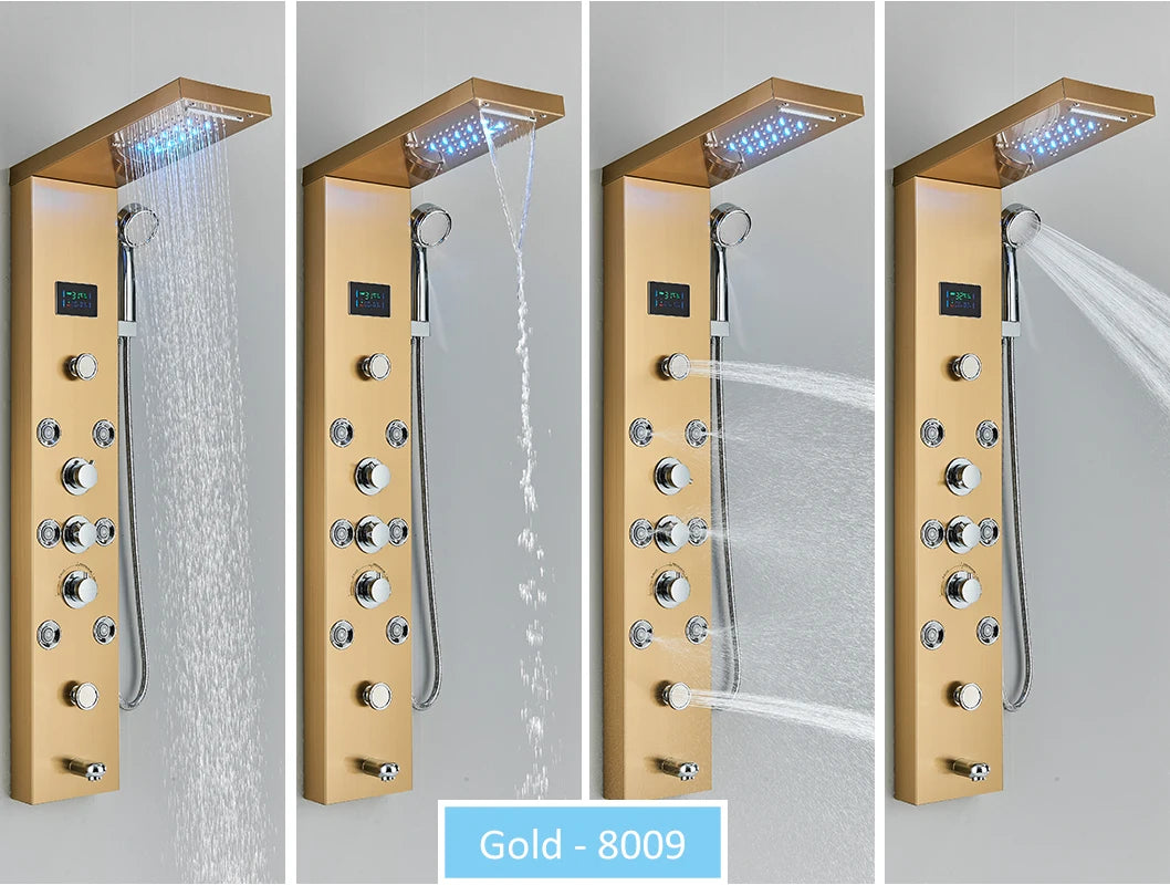 LED Shower Panel Tower System Rain Waterfall Shower Column Hydroelectricity LCD Display With Massage Body Spa Bath Shower Faucet