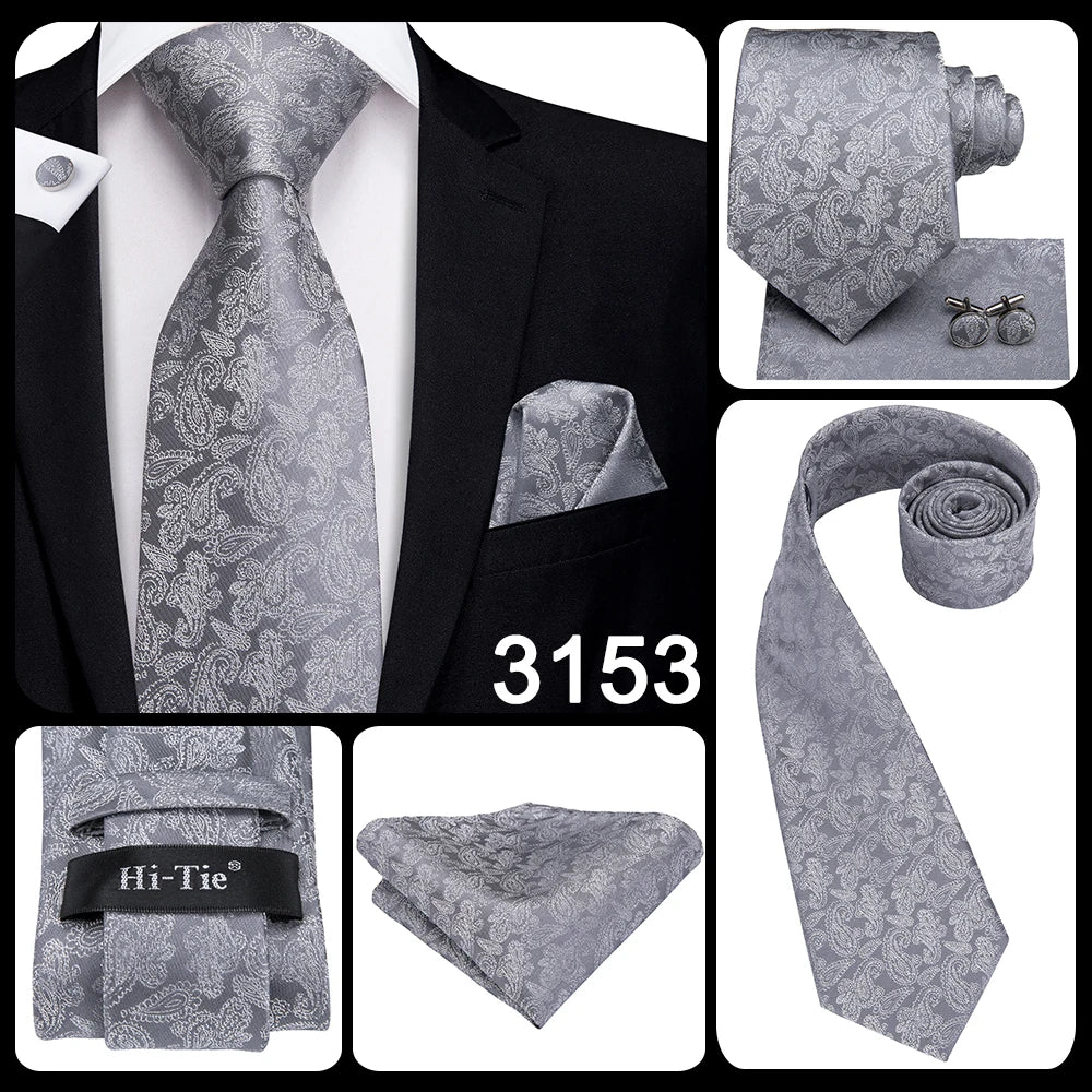 Hi-Tie Luxury Silver Men’s Necktie Set with Pocket Square & Cufflinks | Wedding, Business & Formal Events